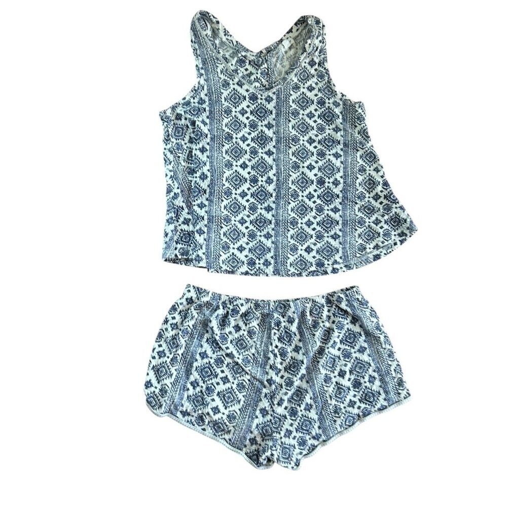 Lucky Brand Pajama Loungewear Top Shorts Women’s M Blue Aztec Print 2 Piece Knit